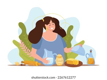 Home baking flat background with pretty woman preparing dough for baking pastry or dessert vector illustration