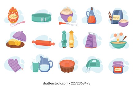 Home baking flat icons set with food ingredients spices mixer grater utensil isolated vector illustration