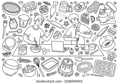Home baking hand drawn collection, people cooking internet recipes, doodle icons of kitchen utensils, watching food blog tutorials, vector illustrations of whisk, mixer, cake, isolated outline clipart
