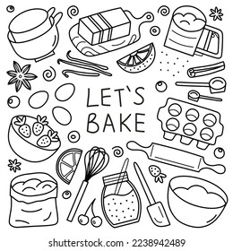 Home baking hand drawn collection, doodle icons of kitchen utensils and cake ingredients, vector illustrations of whisk, flour, rolling pin, let’s bake lettering, cooking classes, outline clipart