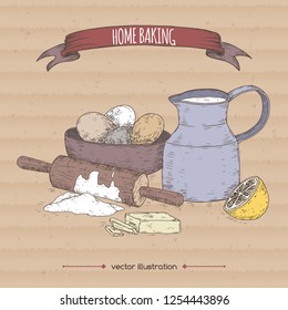 Home baking hand drawn color sketch with milk decanter, rolling pin, flour, eggs, butter and lemon placed on cardboard background. Great for bakery, grocery stores, organic shops, food label design.