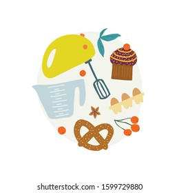 Home baking ingredients and essentials. Kitchen cooking print. Vector illustration. Isolated on white background  