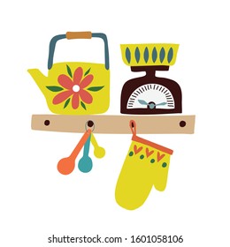 Home baking ingredients and essentials on the shelf. Kitchen cooking print. Vector illustration. Isolated on white background  