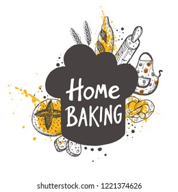 Home baking. Lettering. Hand drawn vector illustration. Can be used for badges, labels, logo, bakery, street festival, farmers market, country fair, shop, kitchen classes, cafe, food studio.