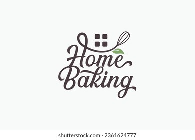 home baking logo with a combination of whisk, window, leaves and beautiful lettering for cafe, homemade bakery, etc.