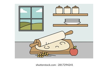 Home baking scene with a rolling pin on dough, fresh apple, and wheat on a kitchen table with a scenic window view.