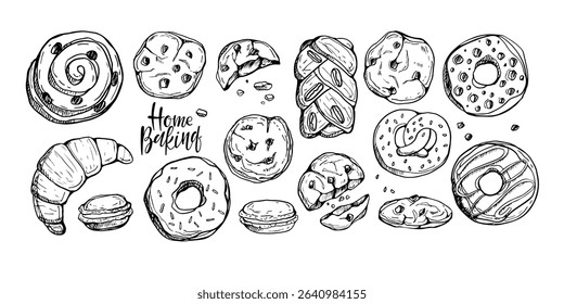 Home Baking. Set of different pastries. Cookies, croissants, puffs, macaroons, donuts sketch collection. Hand drawn elements for package, menu, recipe. Sketch ink graphic bakery set. Sweet dessert