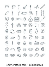 Home baking thin line vector icons set. Kitchen utensils for cooking sweet food. Ingredients for homemade bakery. Different pastry items. Sketchy doodle hand drawn linear style