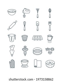 Home baking tools. Flat vector thin line icons. Essential kitchen equipment for pastry cooking. Outline pictograms of rolling pin, whisks, cake and bundt pan, cookie cutter, muffin liner, flour sifter