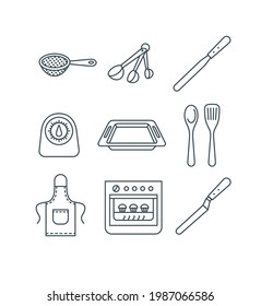 Home baking tools. Flat vector thin line icons. Essential kitchen equipment for homemade pastry cooking. Outline pictograms of sift, measuring spoons, knife, oven, pan, timer, spatula, apron