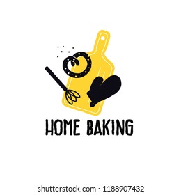 Home baking, Vector illustration of pretzel, cutting board, whisk and tack. Logo concept