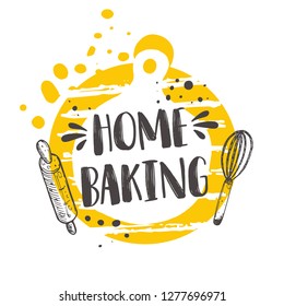 Home baking. Whisk and
rolling pin. Hand drawn vector illustration. Can be used for badges, labels, logo, bakery, street festival, farmers market, country fair, shop, kitchen classes, food studio.