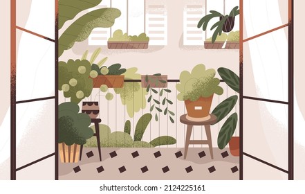 Terraza en el jardín con macetas de plantas verdes. El acogedor diseño interior de la terraza, con muchas plantas en planchas, macetas de flores. La jungla de la casa urbana en la veranda, vista desde la habitación. Ilustración vectorial plana