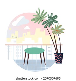 Home balcony or terrace with table and palm tree vector illustration. Cartoon veranda or patio with cozy furniture for relax, green plant in pot and urban city view with buildings over railing