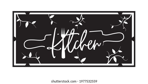 Home banner blackboard, vector. Wording design isolated on black background, lettering. Kitchen with a fork and rolling pin illustration. Poster design. Wall art, artwork, metal cut