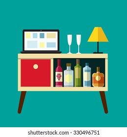 Home bar with alcohol drinks. Home party. Vector flat illustration