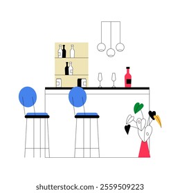 Home Bar Counter With Chairs And Bottles In Flat Vector Illustration Symbolizing Relaxation, Entertainment, And Leisure, Isolated On White Background