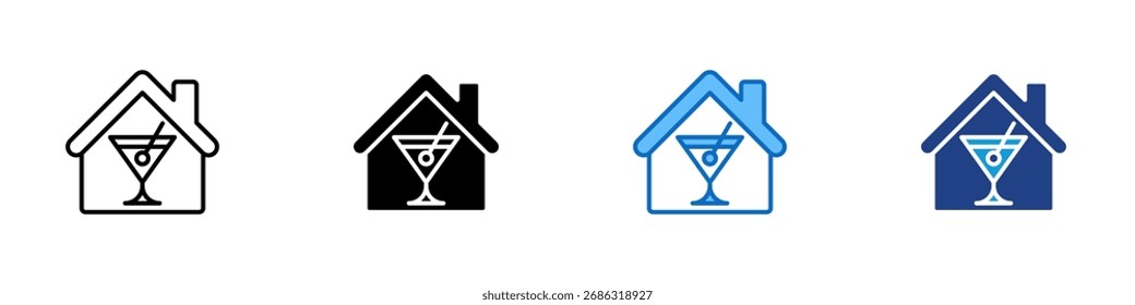 Home Bar Multiple Style Icon Design Vector - Haus mit Cocktailglas, Symbol Bar, Nachtleben oder Unterhaltung in einem Haus