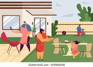 Home Barbecue Party Vector Illustration. Happy Mom, Dad, Kids Cooking Grilled Meat, Playing, Having Fun On Backyard. Vector Illustration For Leisure Time With Family, Summer, Picnic Concept