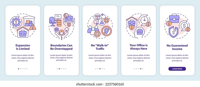 Home based business drawbacks onboarding mobile app screen. Walkthrough 5 steps editable graphic instructions with linear concepts. UI, UX, GUI template. Myriad Pro-Bold, Regular fonts used