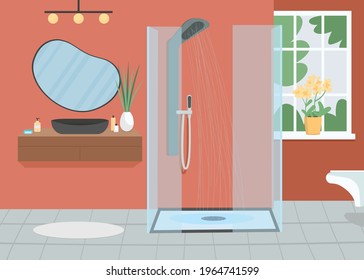 Home bathroom flat color vector illustration. Shower with running water. Everyday routine. Washing for hygiene, cleanliness.Apartment room 2D cartoon interior with furniture on background