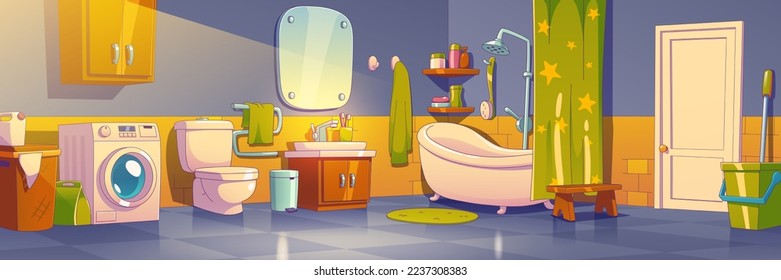 Home bathroom interior, room with furniture and household supplies. Toilet, bathtub with curtain and shelves, mirror, sink and washing machine, linen basket, bucket and mop Vector cartoon illustration