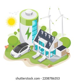 home battery energy storage isometric solar cell and ecology clean power and ev car