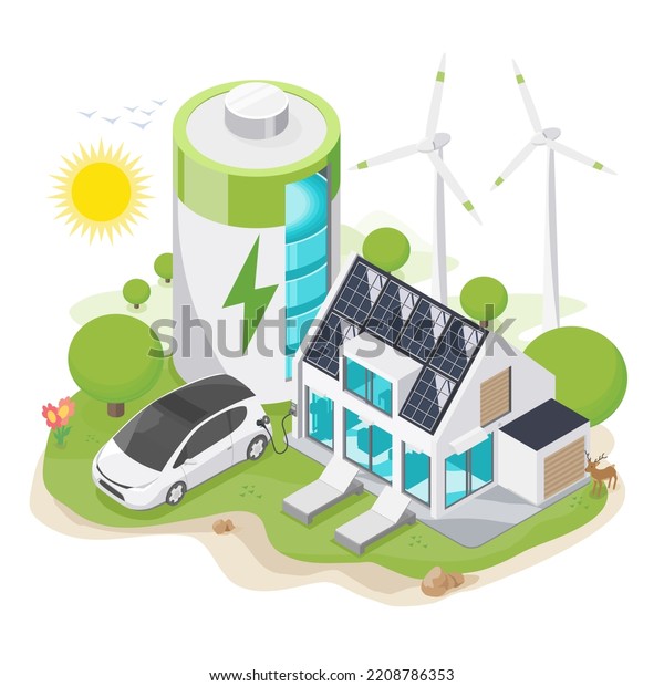 home battery energy storage isometric solar\
cell and ecology clean power and ev\
car