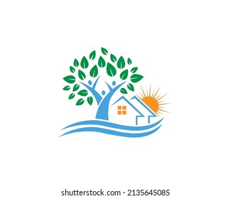 Home Beach Sun Set Holiday And People Tree Combination logo Design Concept Vector Template.	