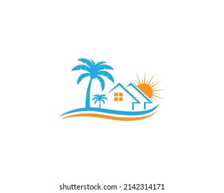 Home Beach Sun Set Holiday And Palm Tree Combination logo Design Concept Vector Template.	