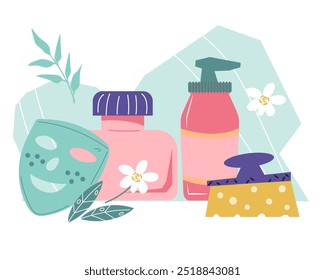 Casa e esteticista produtos naturais de cuidados da pele para o rosto, proporcionando beleza e limpeza. Procedimentos de spa e skincare rotinas design de banner, ilustração vetorial no fundo branco.