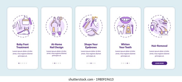 Home beauty procedures onboarding mobile app page screen with concepts. Baby foot treatment, nail design walkthrough 5 steps graphic instructions. UI vector template with RGB color illustrations