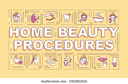Home beauty procedures word concepts banner. Home nail design. Infographics with linear icons on orange background. Baby foot treatment. Isolated typography. Vector outline RGB color illustration
