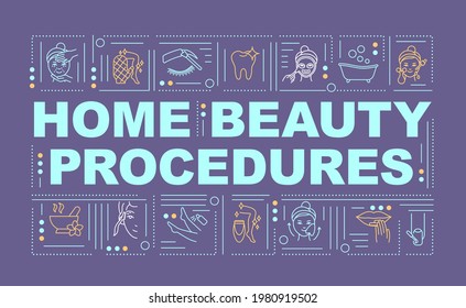 Home beauty procedures word concepts banner. Made beautiful nails. Infographics with linear icons on orange background. Baby foot treatment. Isolated typography. Vector outline RGB color illustration