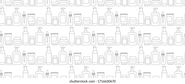 Home beauty routine essensials seamless vector pattern. Vector hand drawn illustration. Cream, face oil, toner, serum, eye gel. Skin care products for SPA, line art beauty concept.
