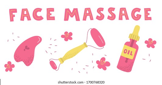Home beauty routine essensials set. Vector hand drawn illustration and lettering. Gua sha, face oil, massage roller. Skin care products for SPA, beauty concept.
