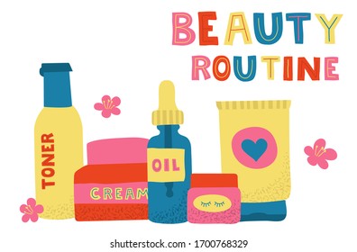 Ensamblaje de rutina de belleza en casa. Ilustración y letras dibujadas a mano por vectores. Crema, aceite facial, tóner, suero, gel ocular. Productos para el cuidado de la piel para el SPA, concepto de belleza.