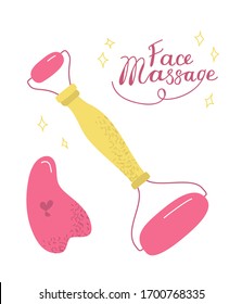 Home beauty routine essensials set. Vector hand drawn illustration and lettering. Gua sha, face oil, massage roller. Skin care products for SPA, beauty concept.