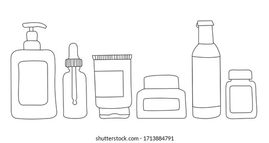Home beauty routine essensials set. Vector hand drawn line art illustration and lettering. Cream, face oil, toner, serum, eye gel. Skin care products for SPA, beauty salon or store concept.