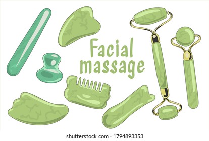 Juego de artículos esenciales de rutina de belleza en casa. Ilustración y letras dibujadas a mano por vectores. Gua sha, aceite facial, rodillo de masaje. Productos para el cuidado de la piel para el SPA, concepto de belleza.