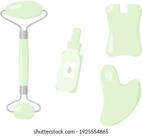 Juego de artículos esenciales de rutina de belleza en casa. Ilustración dibujada a mano por vectores. Gua sha, aceite facial, rodillo de masaje en el fondo blanco