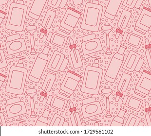 Home beauty routine essentials seamless vector pattern on pink background. Vector hand drawn illustration. Cream, face oil, toner, serum, eye gel. Skin care products for SPA, line art beauty concept.