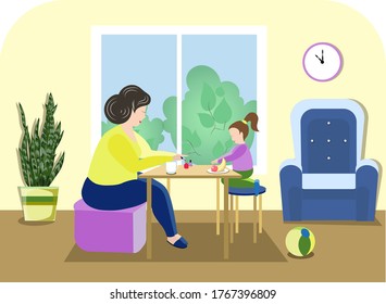 Home beauty salon. Grandmother and granddaughter are doing manicure. Self-care, happy family. Vector illustration.