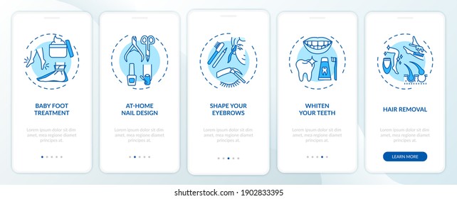 Home beauty treatment onboarding mobile app page screen with concepts. Shaping eyebrows, nail design walkthrough 5 steps graphic instructions. UI vector template with RGB color illustrations
