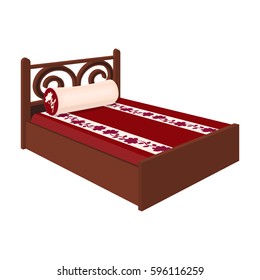 Home bed with cushion in the shape of an oval.Bed with red mattress.Bed single icon in cartoon style vector symbol stock illustration.