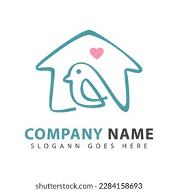 Home bird logo design template. Line art bird lover icon.