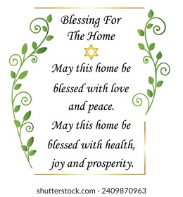 Home blessing quote with star of David and green leaves, hand written font isolated on white background.