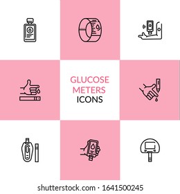 Home blood glucose meters. Measurement of blood glucose in healthy people and patients with diabetes. Set icons in linear style.