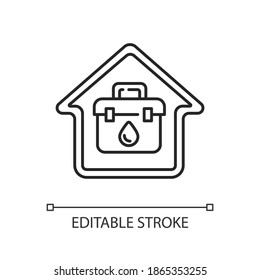 At Home Blood Test Linear Icon. Medical Analysis. Healthcare Checkup. House Doctor Call. Thin Line Customizable Illustration. Contour Symbol. Vector Isolated Outline Drawing. Editable Stroke