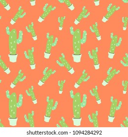 home blossom green cactus in white pot in doodle style, flat cartoon colors, seamless pattern isolated on orange background, stock vector illustration